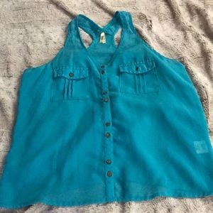Sheer tank blouse L teal blue button down metal
